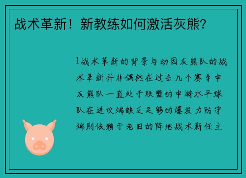战术革新！新教练如何激活灰熊？